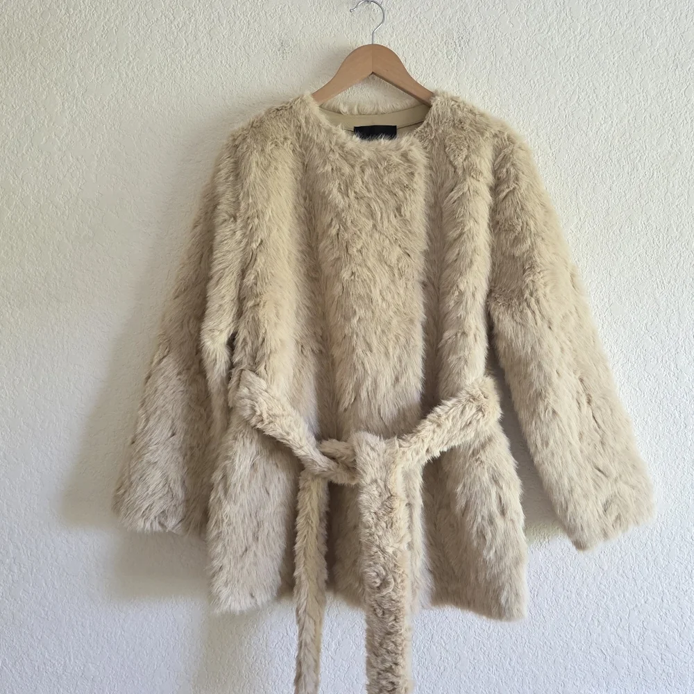 ZARA FAUX FUR BELTED COAT CREAM SIZE XL